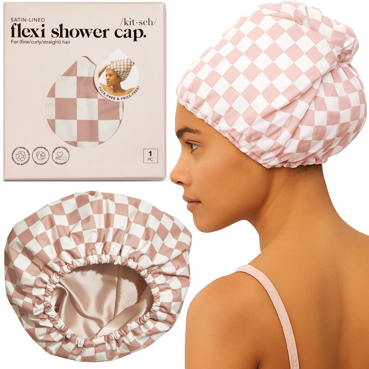 Kitsch Luxury Satin-Lined Flexi Shower Cap for Women - Terracotta Checker