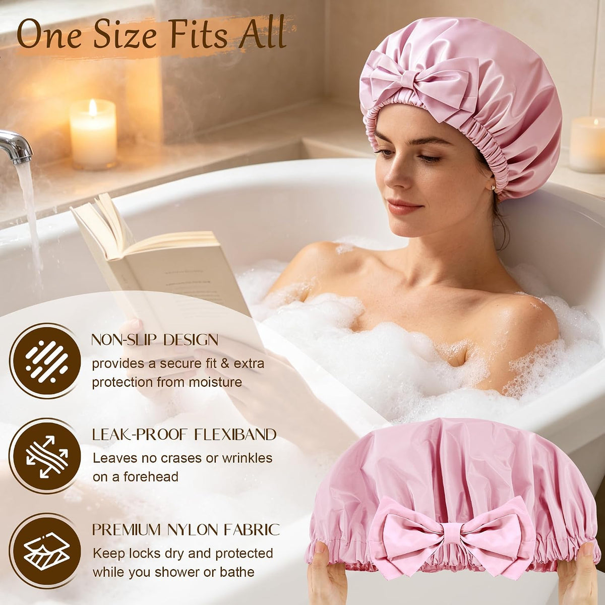 Shower Cap for Women, Large Waterproof Reusable Hair Cap with Bow