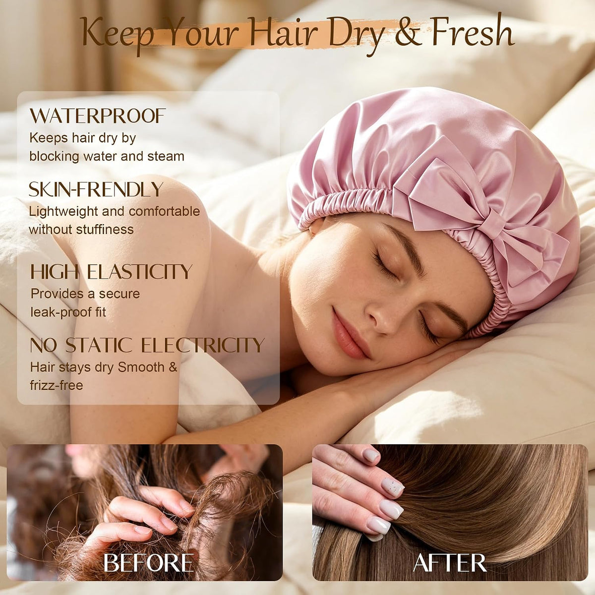 Shower Cap for Women, Large Waterproof Reusable Hair Cap with Bow