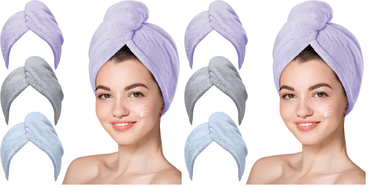 Hicober Microfiber Hair Towel Wrap for Women, Blue Grey Pink, 3-Pack