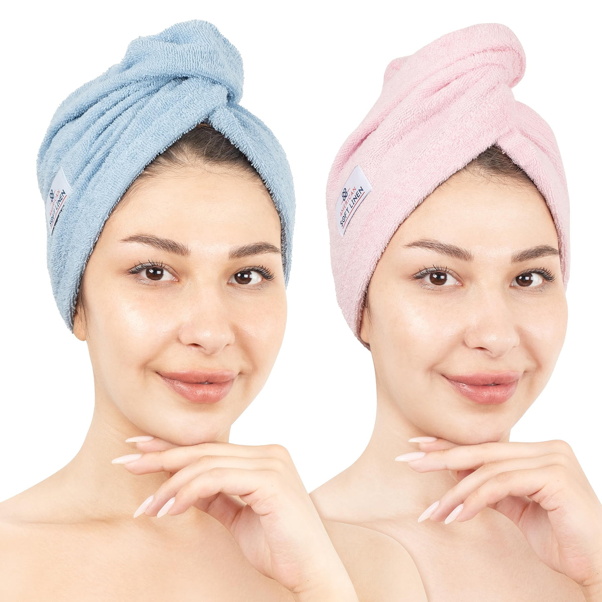 American Soft Linen 100% Cotton Hair Towels for Women, Head Towel Cap, Cotton Hair Turban Towel Wrap for Long Curly Anti Frizz Hair, Soft and Absorbent Cotton Hair Towels 2 Pack, White