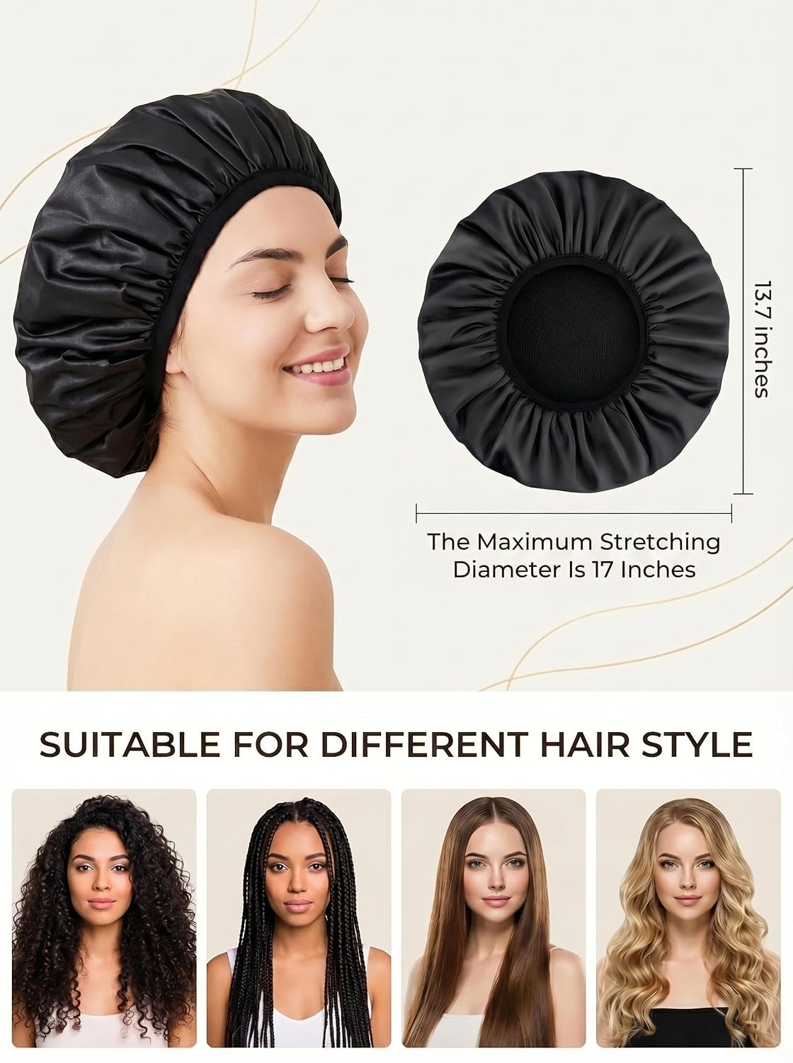 Aquior Shower Cap,Terry Lined Shower Cap for Women Reusable, Triple Layer Waterproof Bath Cap, Extra Large for Women Long Hair(Black)