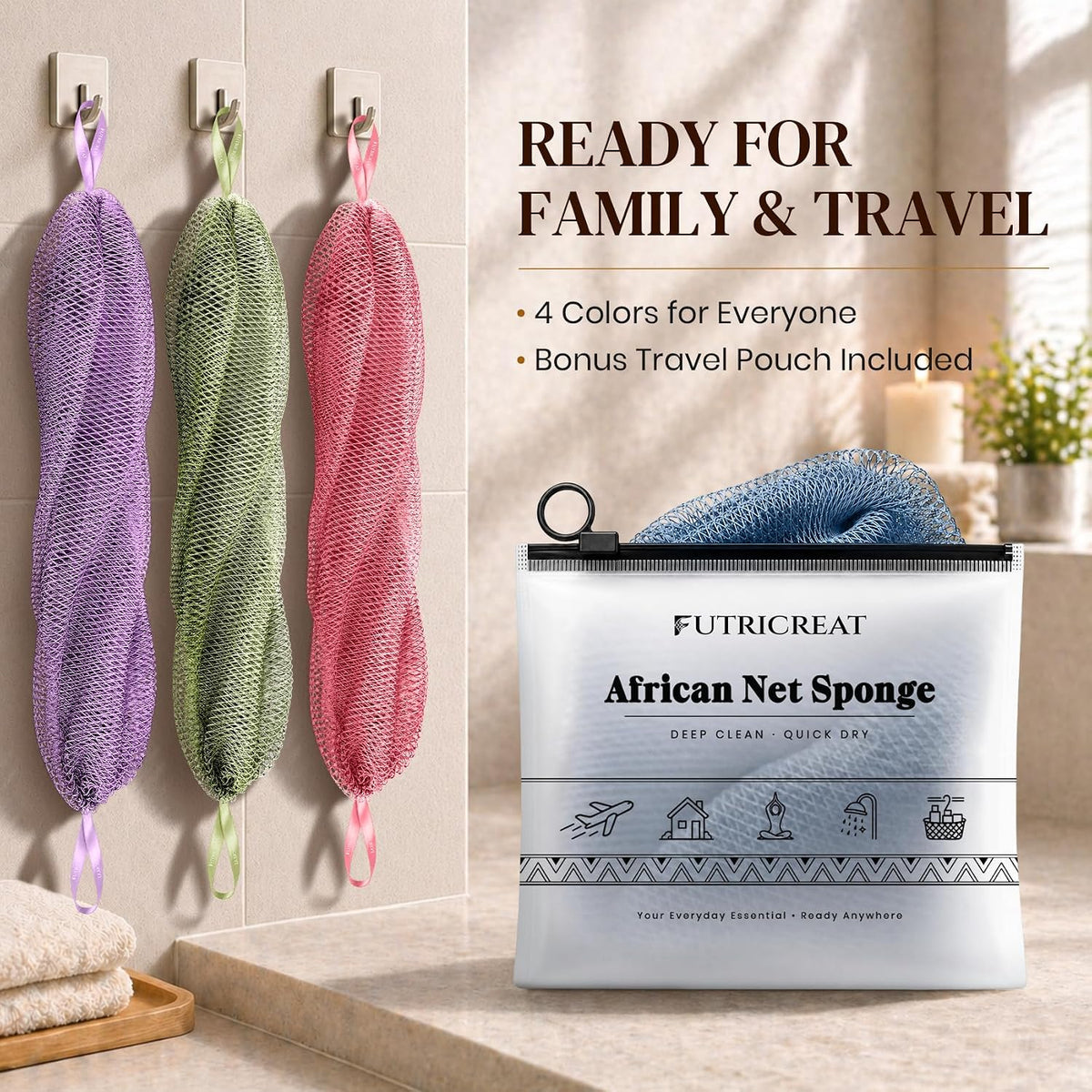 4 Pack African Net Sponge Authentic, Exfoliating Washcloth, Body & Back Scrubber, Better Than Traditional Loofahs, Perfect for Daily Shower & Travel, Pink, Blue, Purple & Green