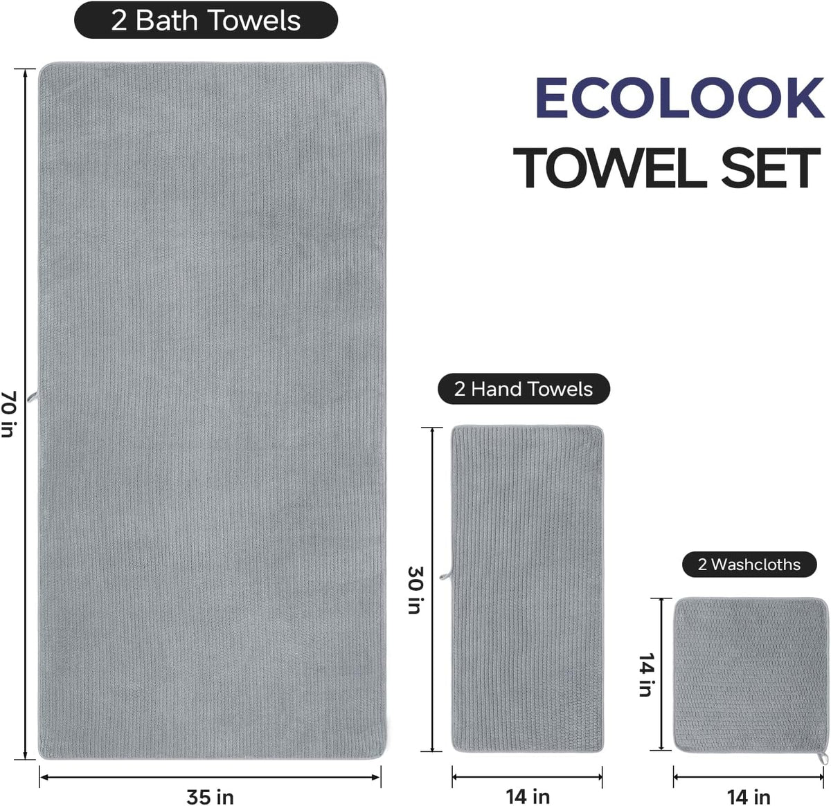 ecolook Microfiber Bath Towel Set of 6, Oversized 35 x 70 in, Soft, Gray