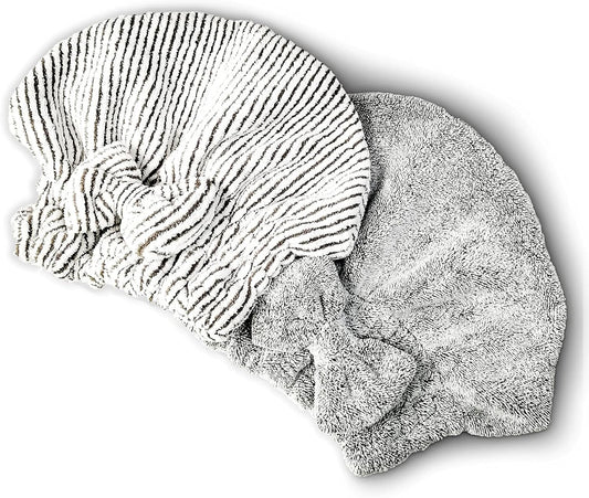 Microfiber Hair Towel Wrap, Soft Absorbent & Quick Drying Cap Set for Curly Thick Hair, Women & Girls - 2 Pcs (Stripe & Gray)