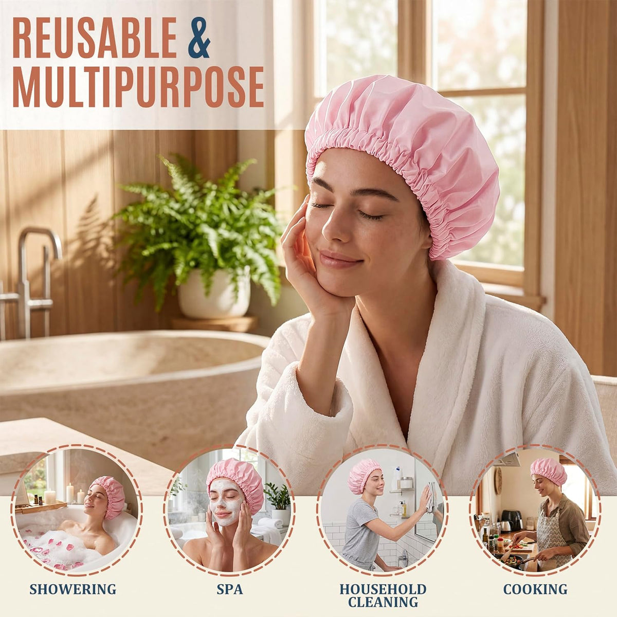 Shower Cap for Women, Reusable Waterproof Long Hair Bonnet
