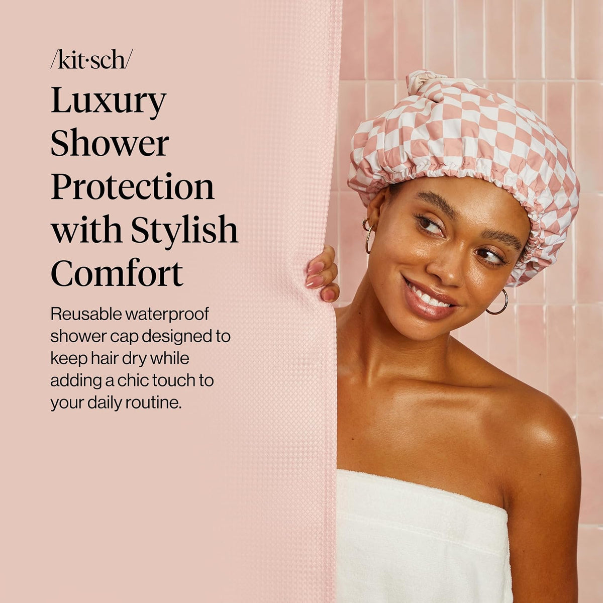 Kitsch Luxury Satin-Lined Flexi Shower Cap for Women - Terracotta Checker