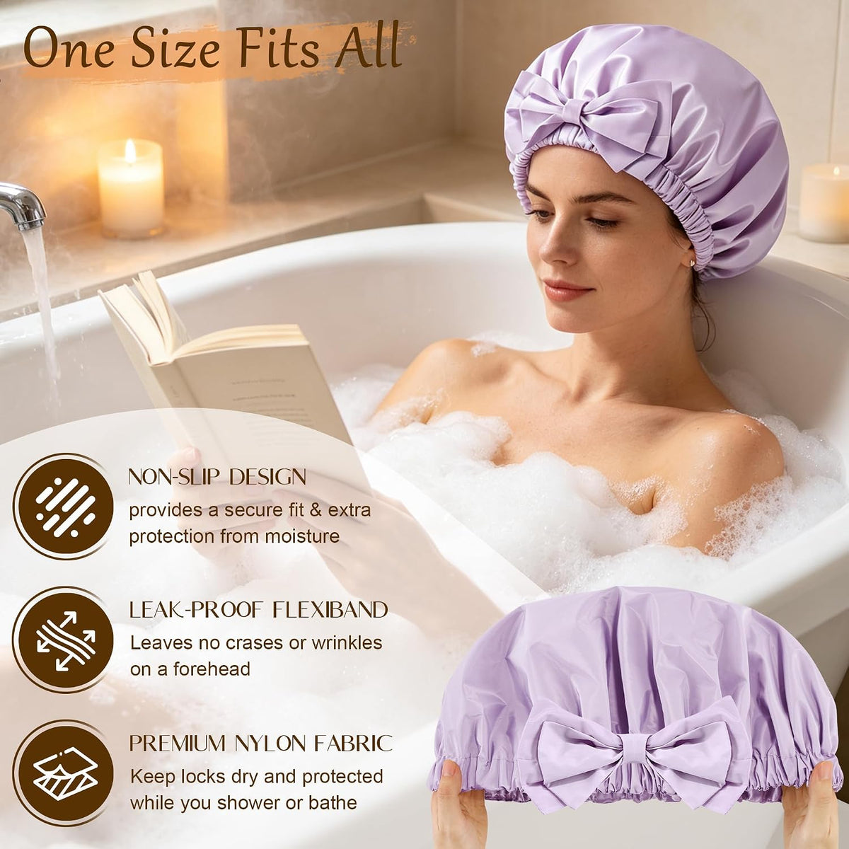 Shower Cap for Women, Large Waterproof Reusable Hair Cap with Bow
