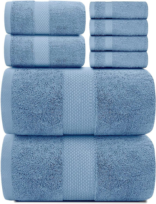 White Classic Luxury Light Blue Bath Towel Set of 8-100% Turkish Cotton