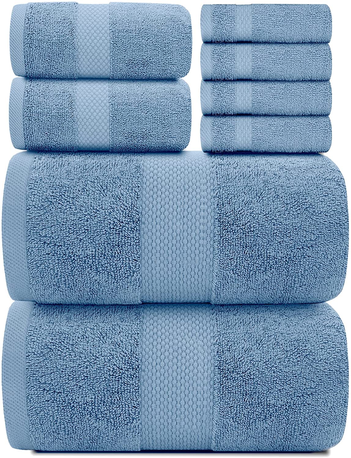 White Classic Luxury Light Blue Bath Towel Set of 8-100% Turkish Cotton