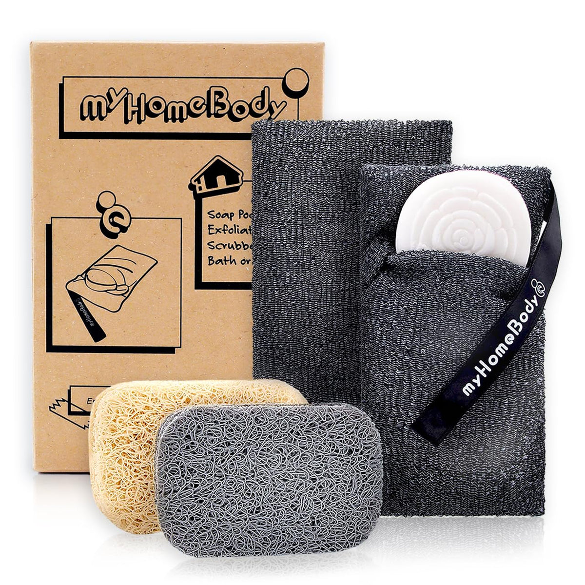 myHomeBody Soap Pocket Exfoliating Pouch, Graphite Gray, 2 pc + 2 Soap Pads
