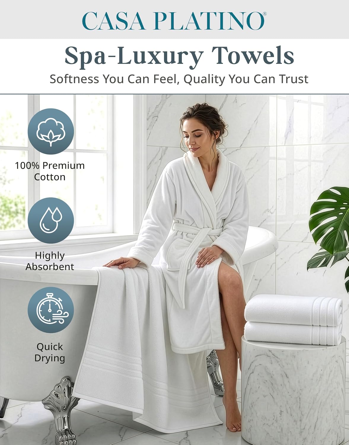 Casa Platino Bath Towels 100% Cotton 2 Piece Soft Absorbent - White