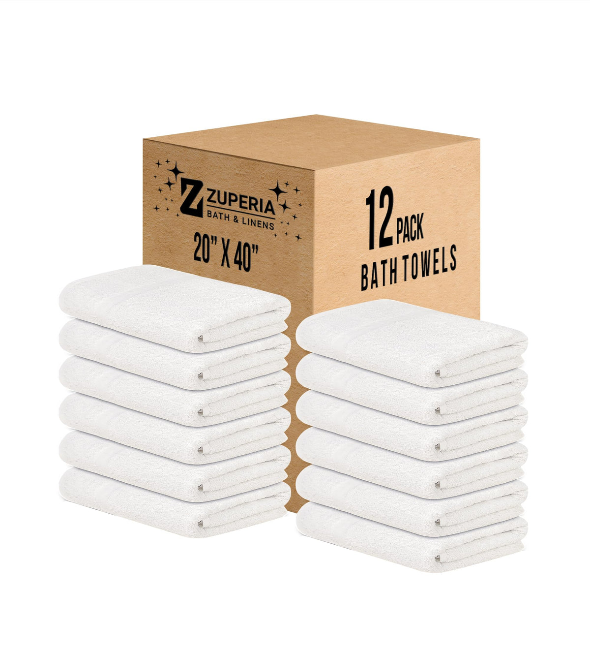 ZUPERIA White Bath Towels Bulk 12 Pack (24 x 48 Inches) - 100% Cotton Economy Light Weight Towels for Commercial Use - Quick Dry, Ultra-Soft, and Absorbent Bulk Towels
