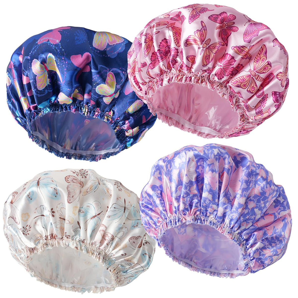 Shower Caps for Women, 4 PCS Reusable Waterproof Bath Cap