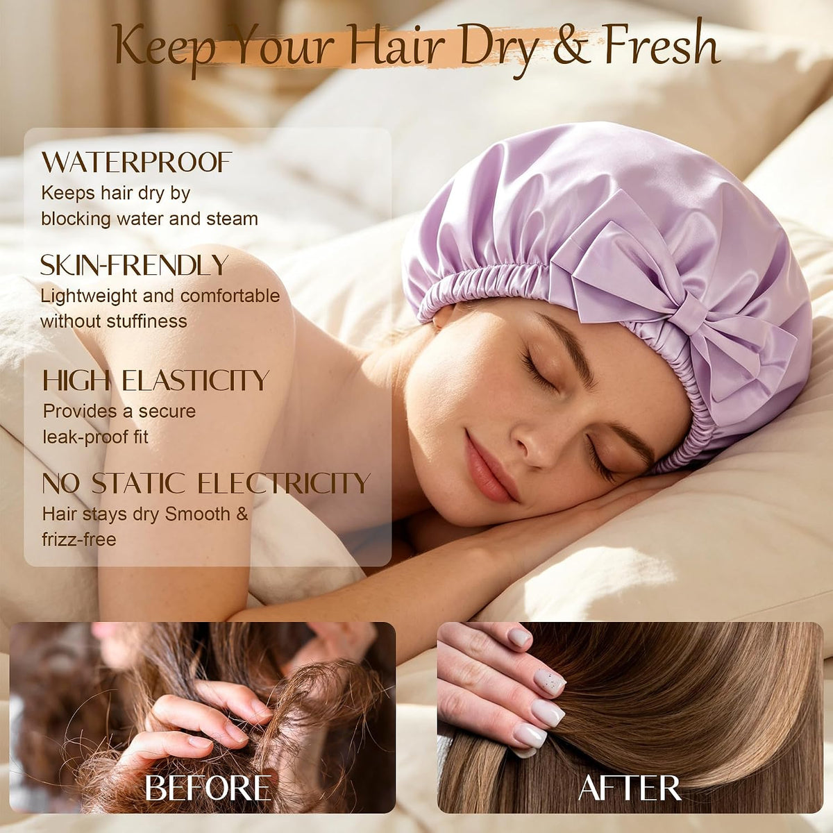 Shower Cap for Women, Large Waterproof Reusable Hair Cap with Bow