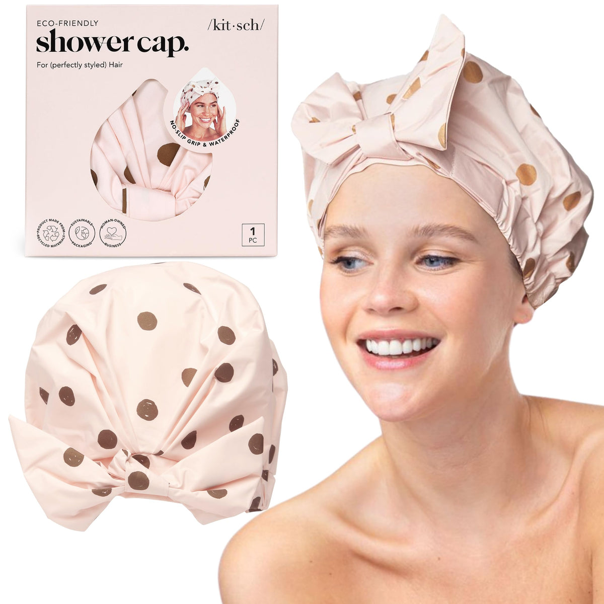 Kitsch Luxury Satin-Lined Flexi Shower Cap for Women - Terracotta Checker