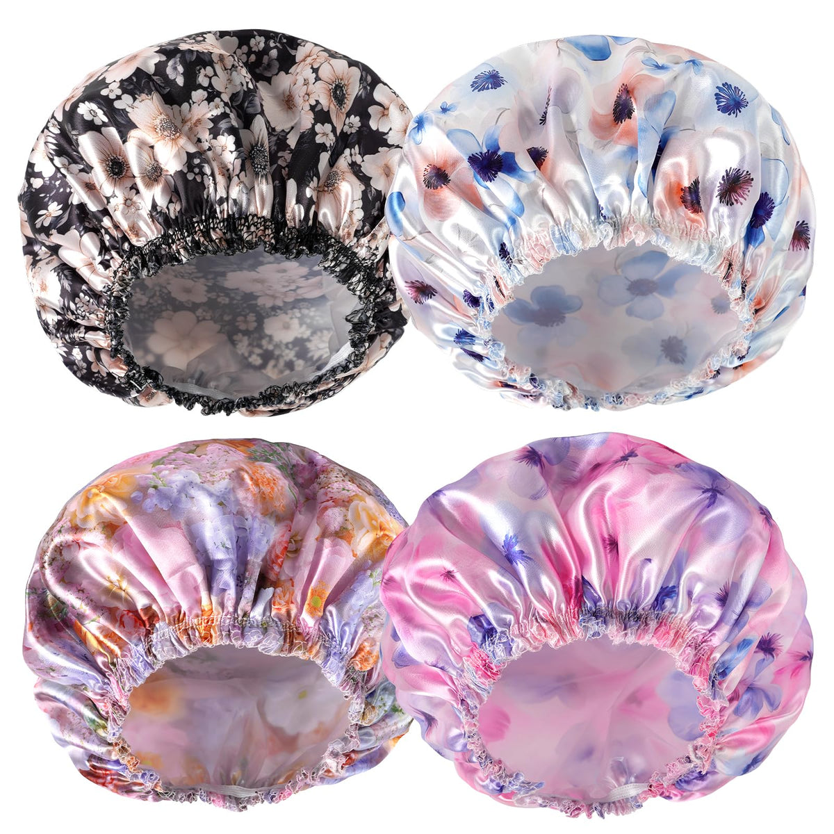 Shower Caps for Women, 4 PCS Reusable Waterproof Bath Cap