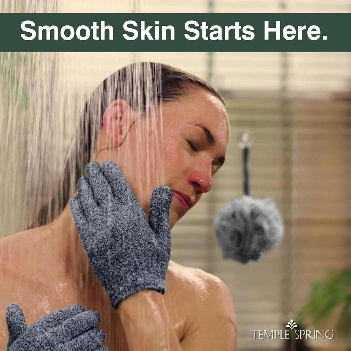 Temple Spring Shower Gloves Exfoliating for Women – Natural Textured Rayon Bamboo Exfoliating Glove with Thicker Weave for Deep Cleansing, Dead Skin Removal & Smooth Radiant Skin (1 Pair, Gray)