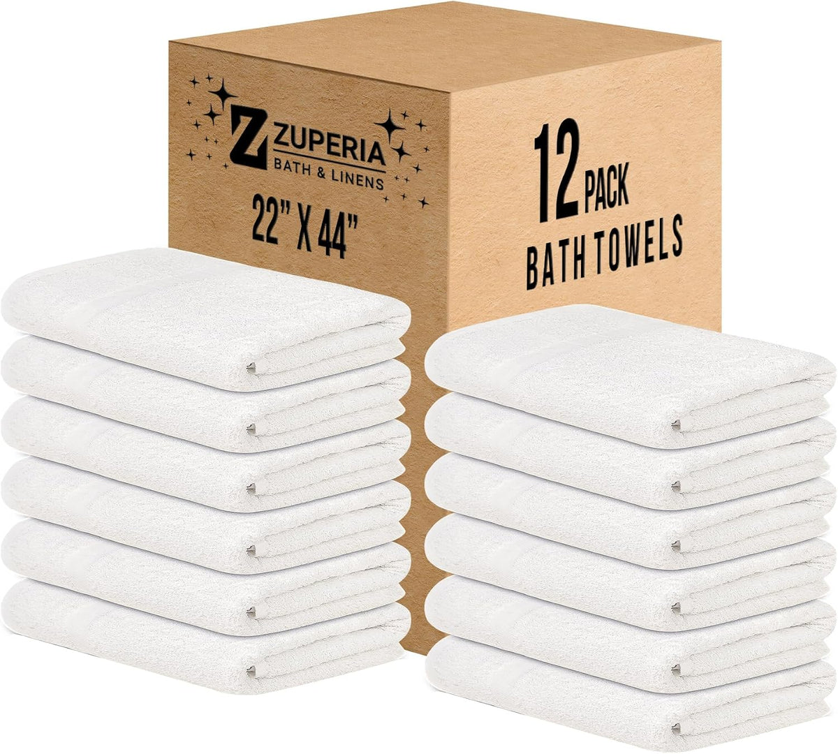 ZUPERIA White Bath Towels Bulk 12 Pack (22 x 44 Inches) - 100% Cotton Economy Light Weight Towels for Commercial Use - Quick Dry, Ultra-Soft, and Absorbent Bulk Towels