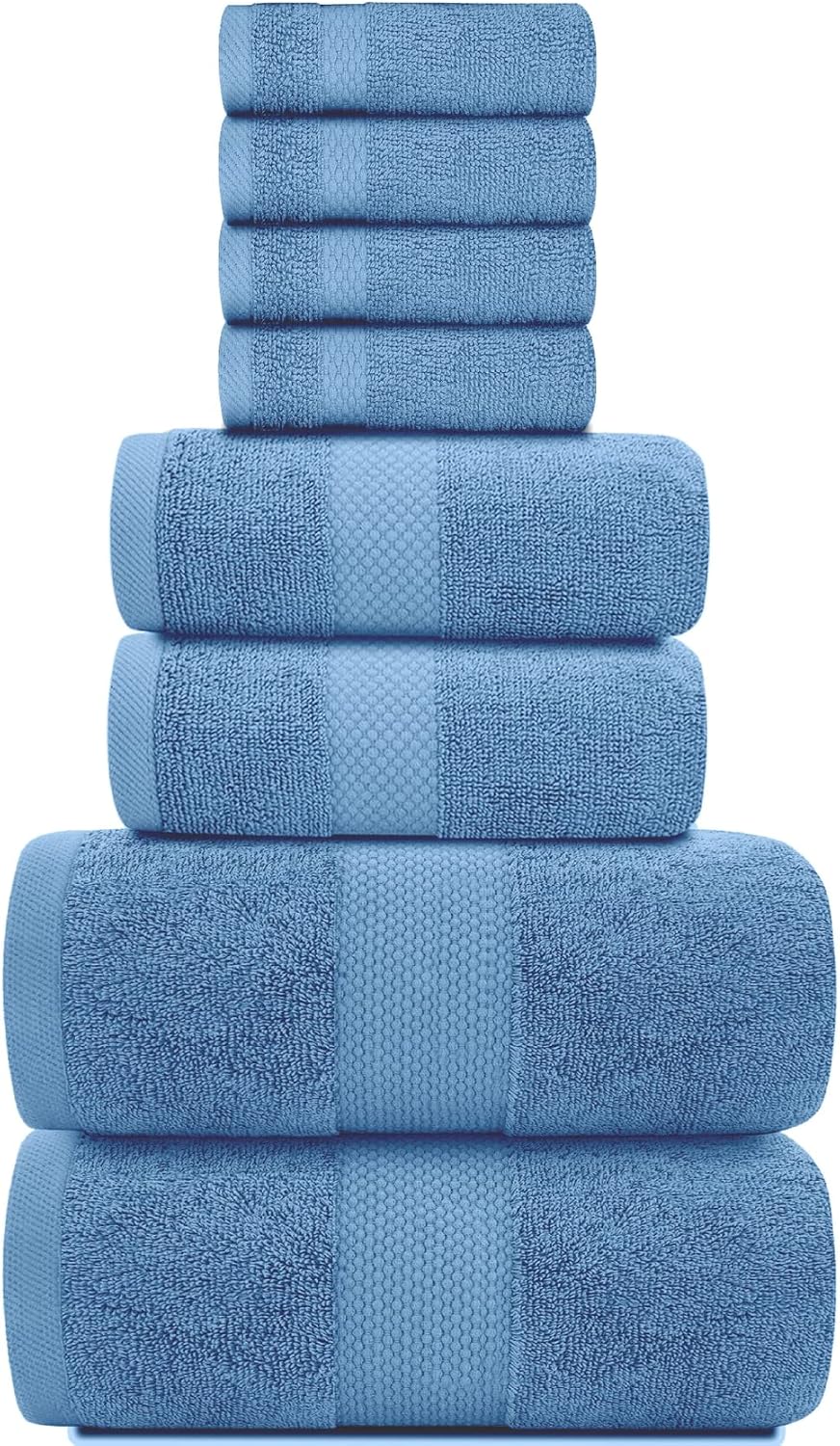White Classic Luxury Light Blue Bath Towel Set of 8-100% Turkish Cotton