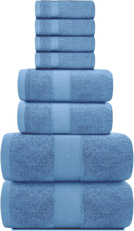 White Classic Luxury Light Blue Bath Towel Set of 8-100% Turkish Cotton