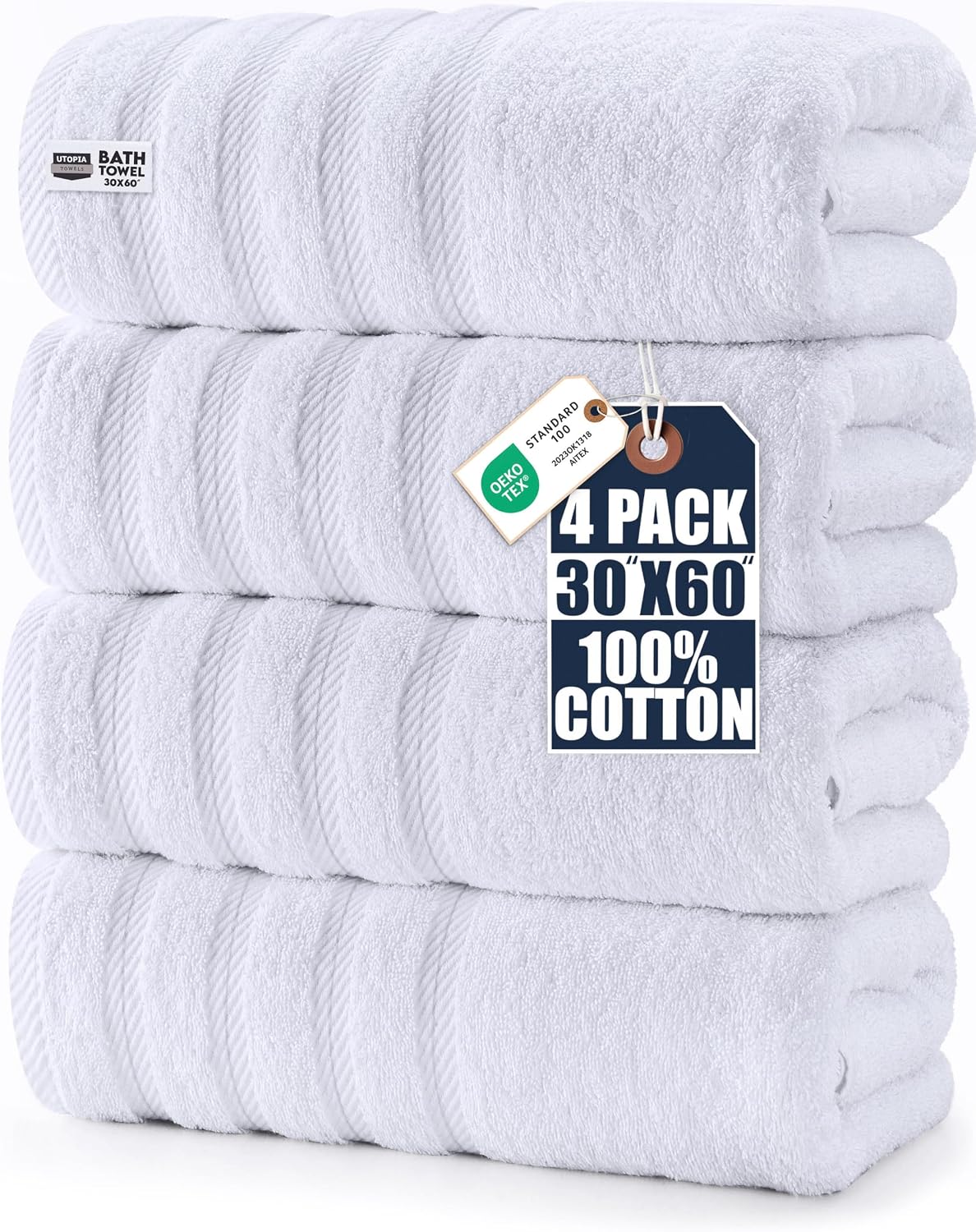 Utopia Towels 4 Pack Premium XL Bath Towels, 30x60 in, Cotton, White