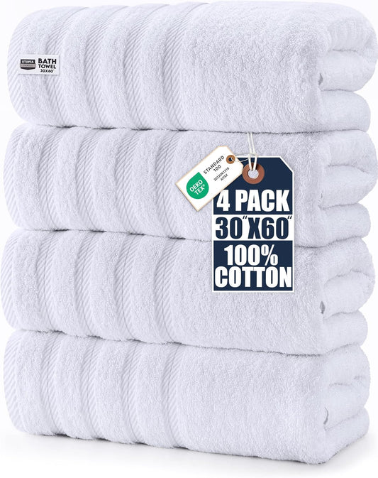 Utopia Towels 4 Pack Premium XL Bath Towels, 30x60 in, Cotton, White