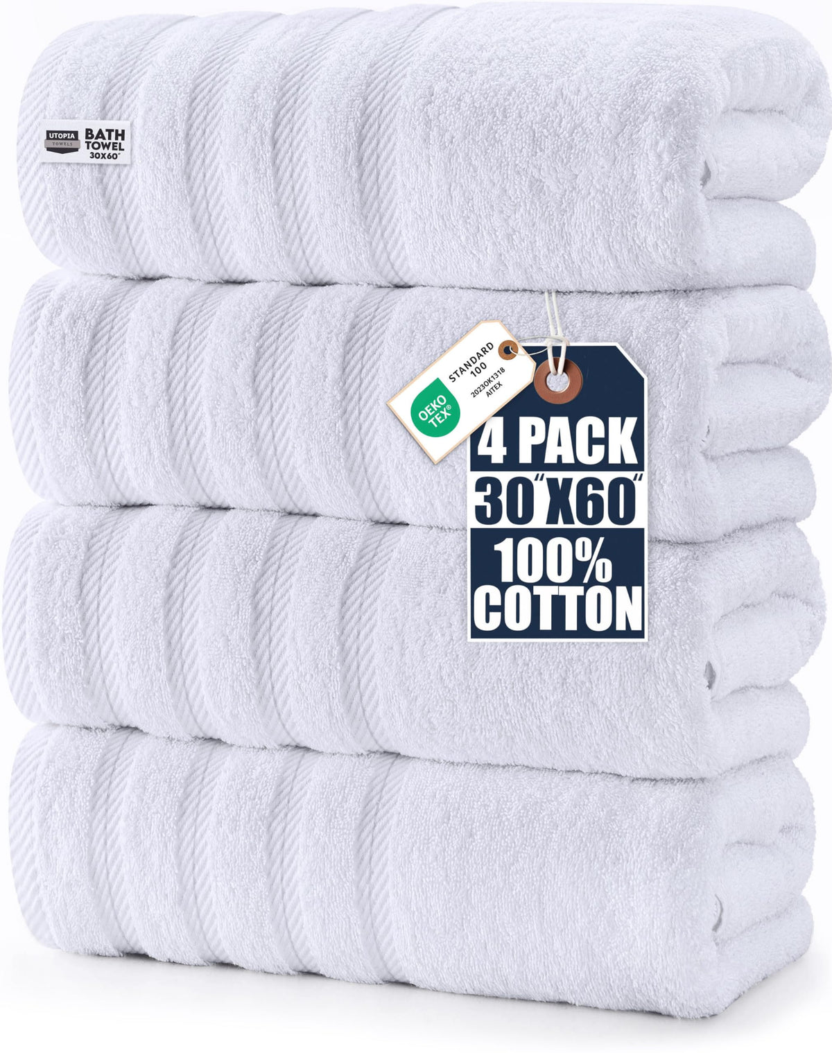 Utopia Towels 4 Pack Premium XL Bath Towels, 30x60 in, Cotton, White