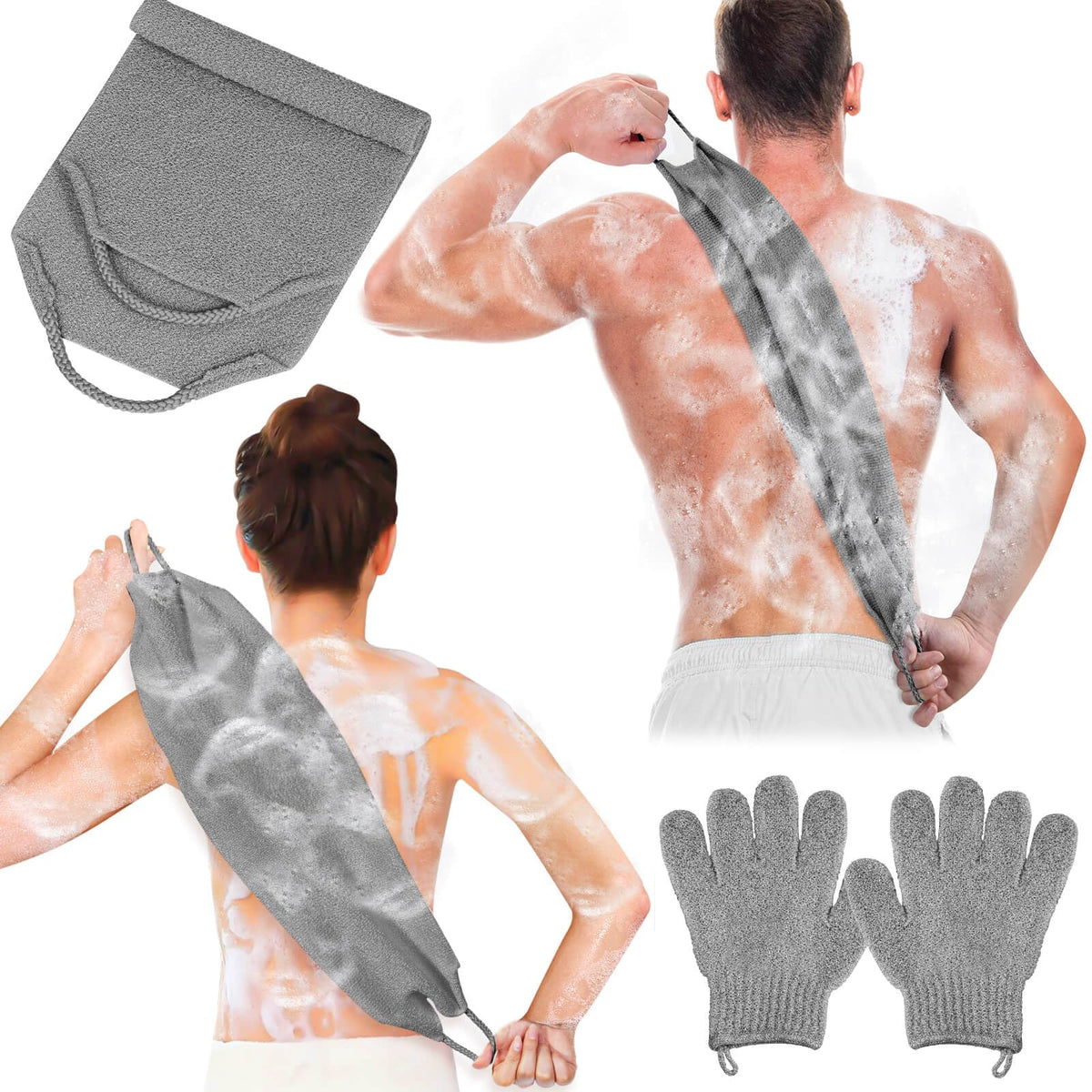 Anezus Exfoliating Back Scrubber Bath Gloves Set, Exfoliating Shower Towel with Shower Gloves for Body Scrub, Back Cleaner Wash Gloves to Remove Dead Skin (Black)