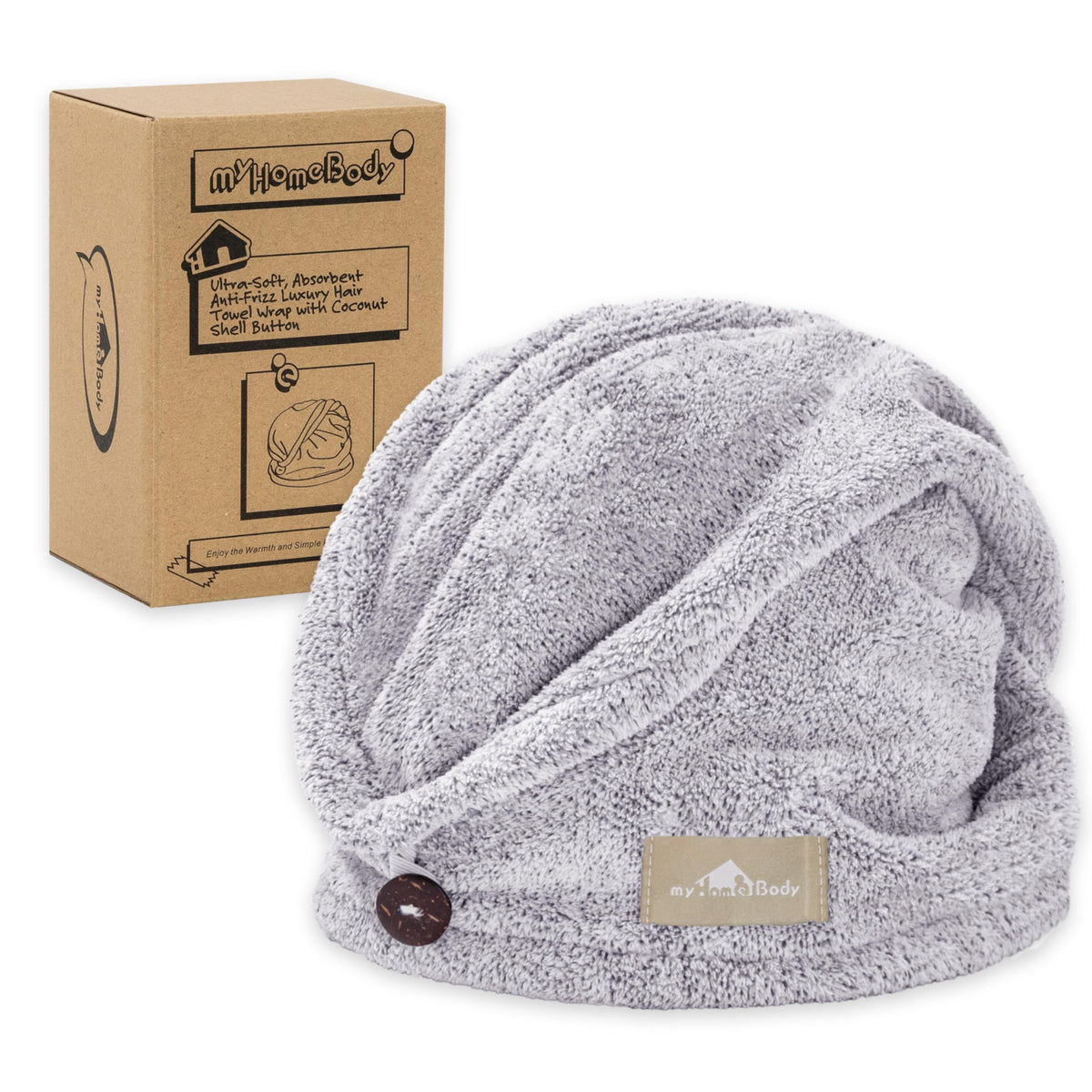 myHomeBody Hair Towel Wrap, Quick Drying Turban, Absorbent Cap – Gray