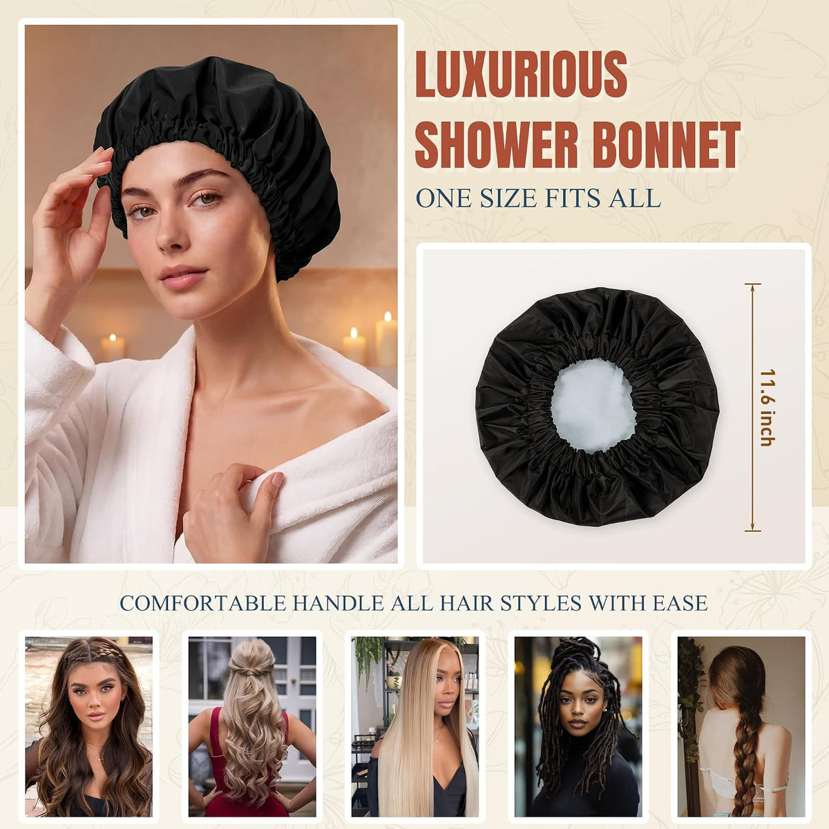 Shower Cap for Women, Reusable Waterproof Long Hair Bonnet