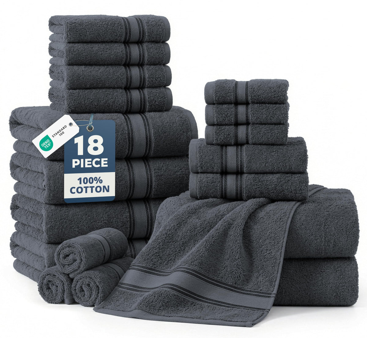 LANE LINEN Bath Towel Set 100% Cotton 18 Piece Soft Absorbent - Grey