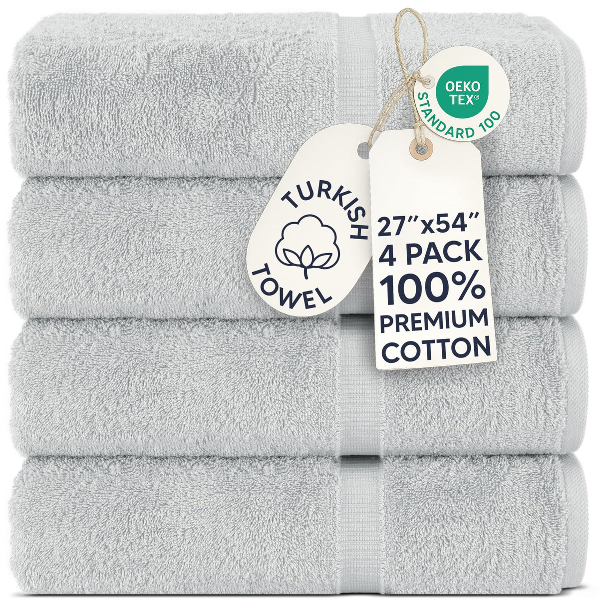 Chakir Turkish Linens 100% Cotton 4-Pack Bath Towels 27x54, Gray