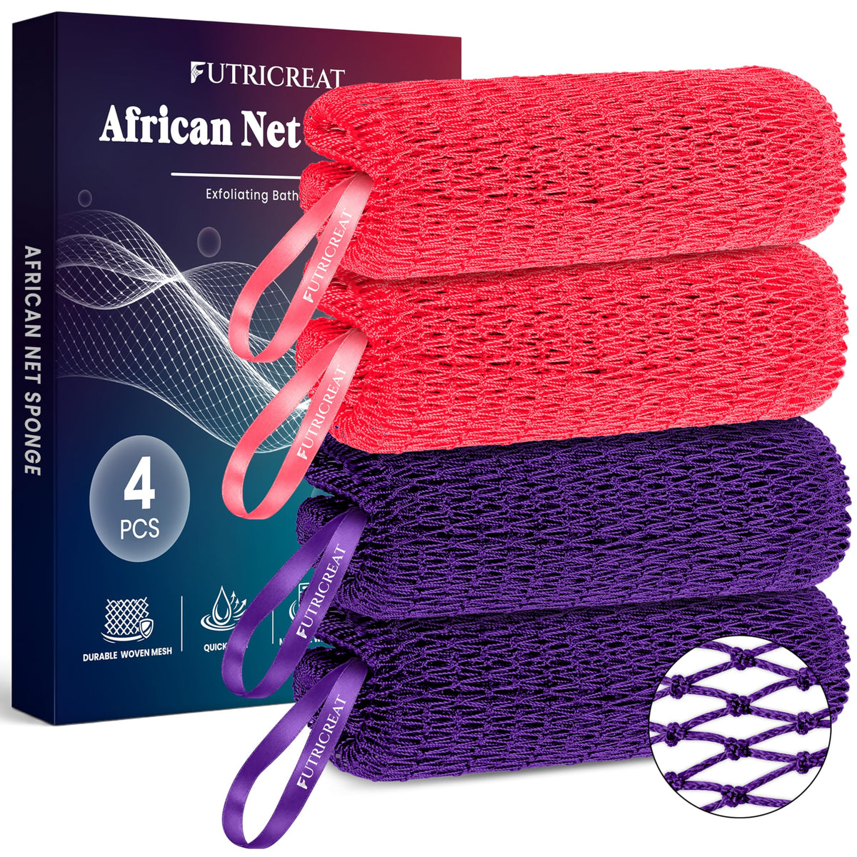 4 Pack African Net Sponge Authentic, Exfoliating Washcloth, Body & Back Scrubber, Better Than Traditional Loofahs, Perfect for Daily Shower & Travel, Pink, Blue, Purple & Green