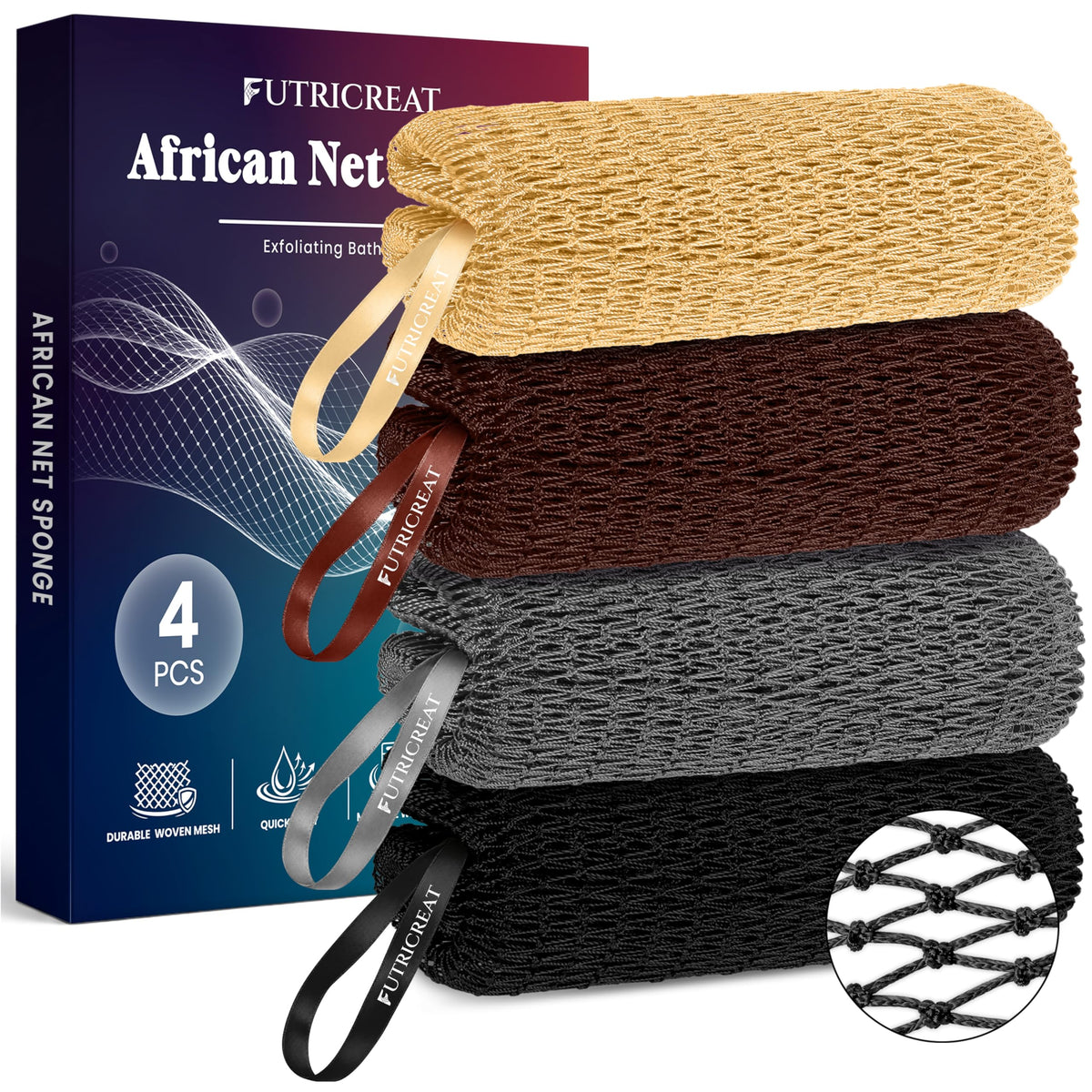 4 Pack African Net Sponge Authentic, Exfoliating Washcloth, Body & Back Scrubber, Better Than Traditional Loofahs, Perfect for Daily Shower & Travel, Pink, Blue, Purple & Green