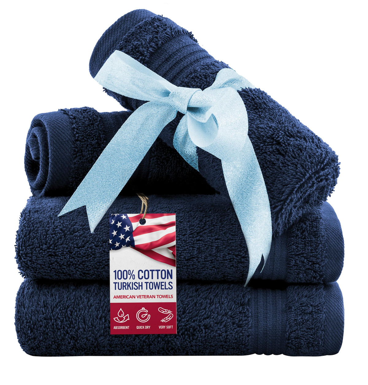 American Veteran Towel, 100% Cotton Turkish Bath Towels for Bathroom 4 Pack, 27x54 Extra Large Premium Soft Drying Bathroom Towels, Navy Blue