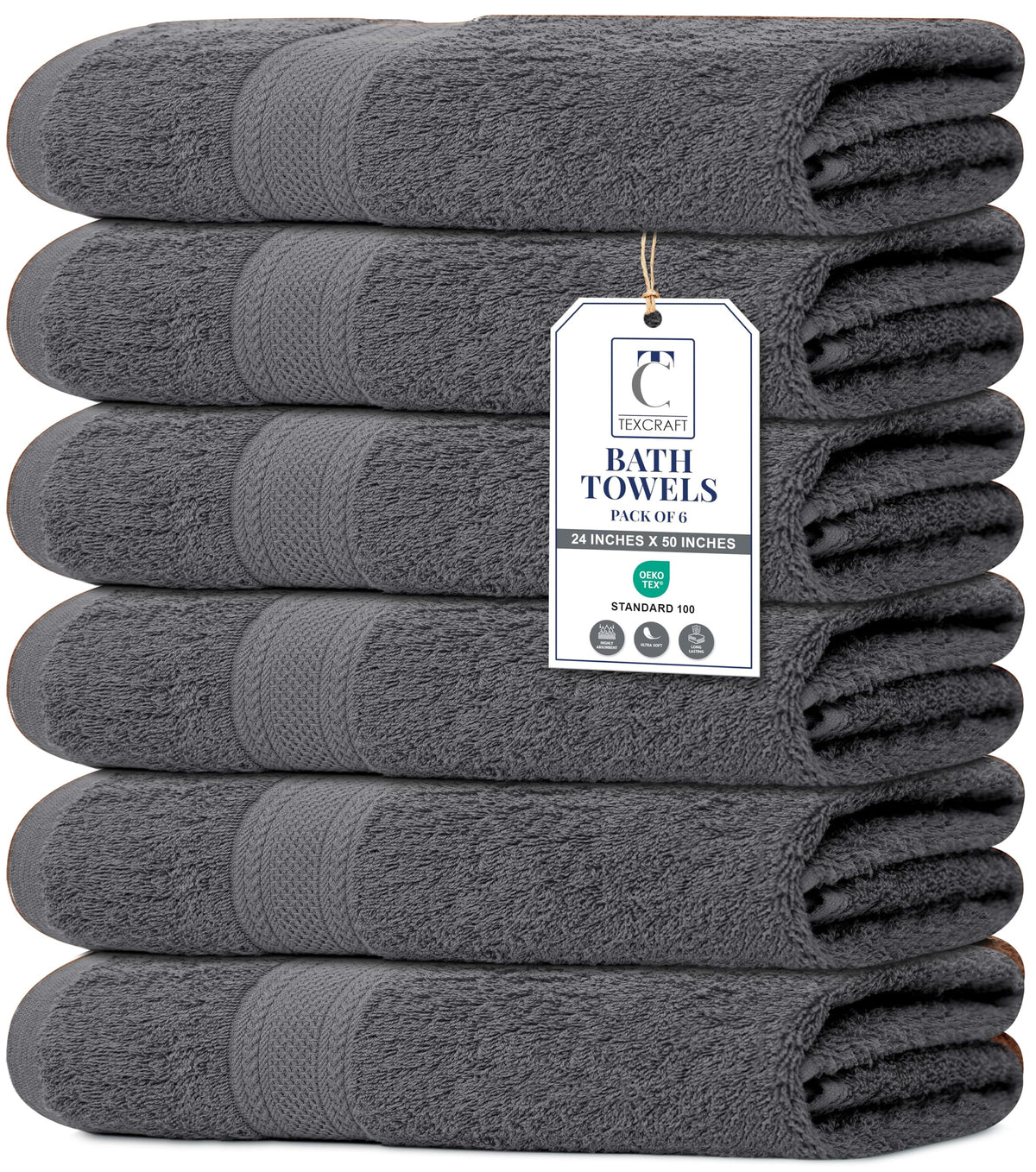 Medium Size Bath Towels Set of 6 – 100% Cotton Terry – 24" x 48" – Quick Dry, Soft & Highly Absorbent – Grey Towels for Bathroom, Gym, Spa, Pool & Daily Use