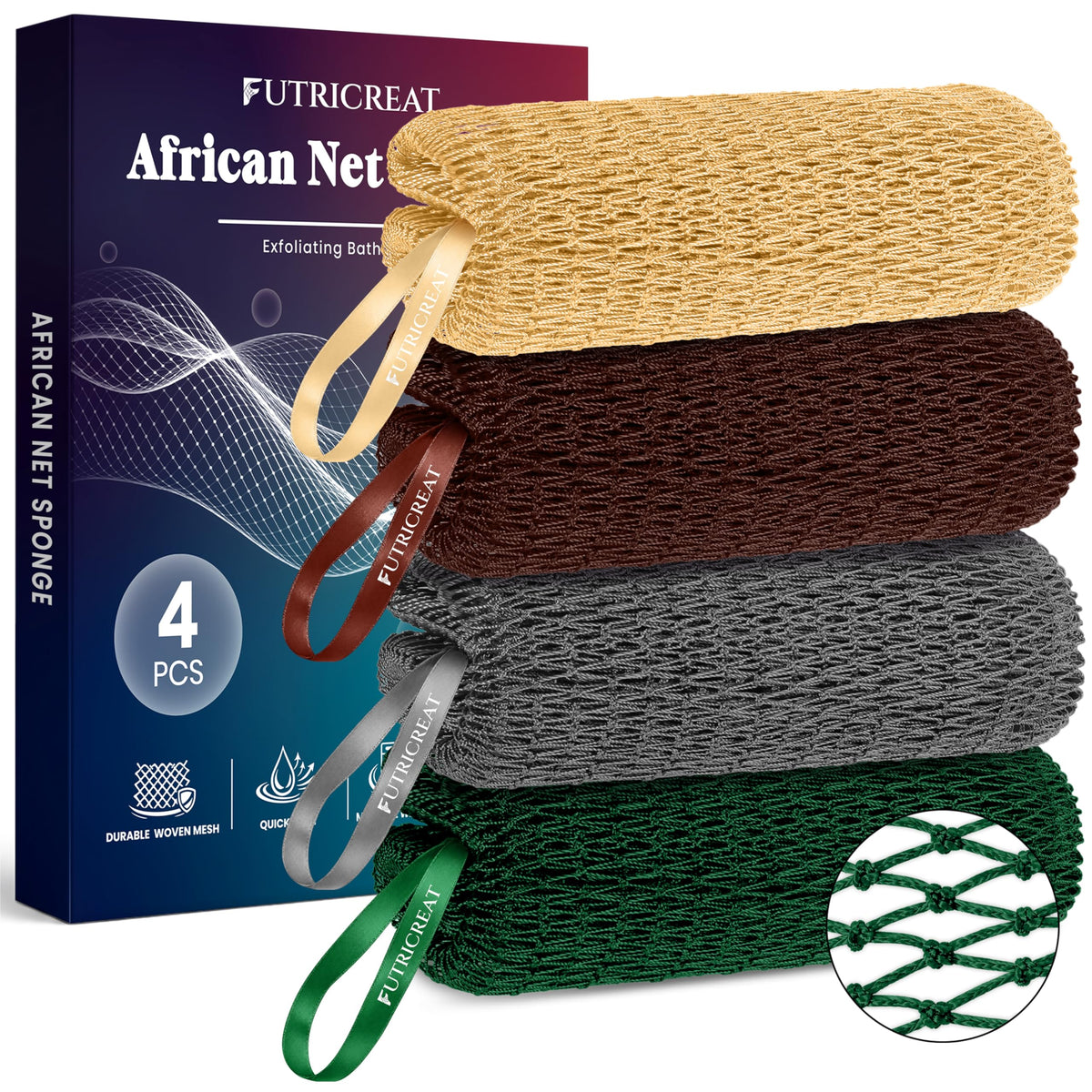 4 Pack African Net Sponge Authentic, Exfoliating Washcloth, Body & Back Scrubber, Better Than Traditional Loofahs, Perfect for Daily Shower & Travel, Pink, Blue, Purple & Green
