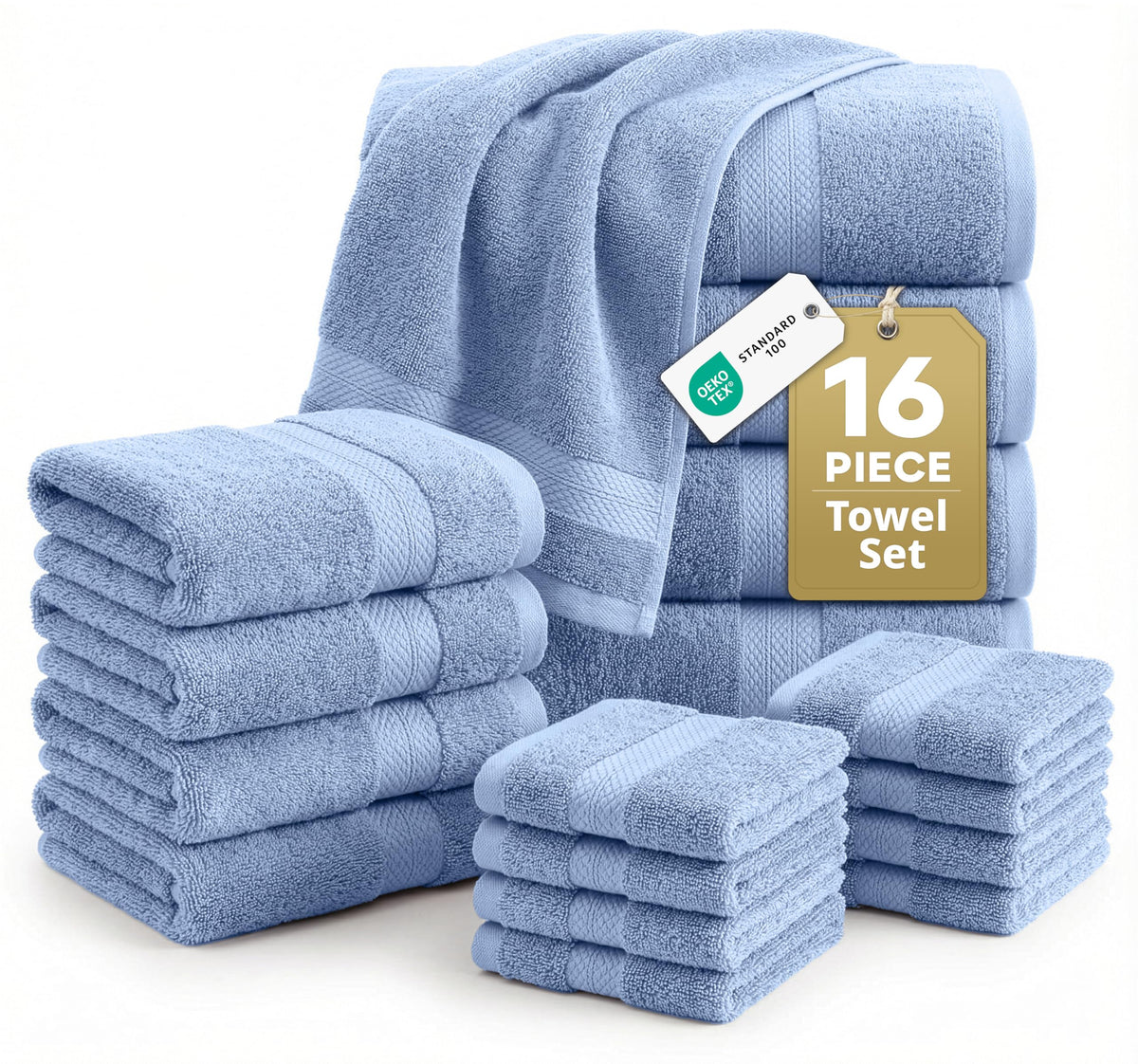 100% Cotton Bath Towels Set Soft Absorbent Quick Dry 16 Piece - Grey
