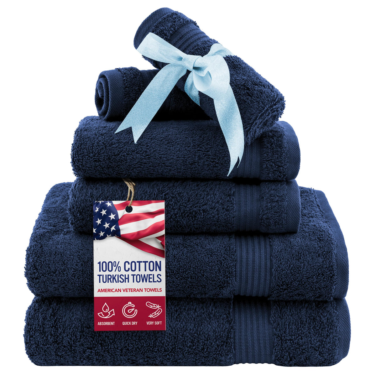 American Veteran Towel, 100% Cotton Turkish Bath Towels for Bathroom 4 Pack, 27x54 Extra Large Premium Soft Drying Bathroom Towels, Navy Blue