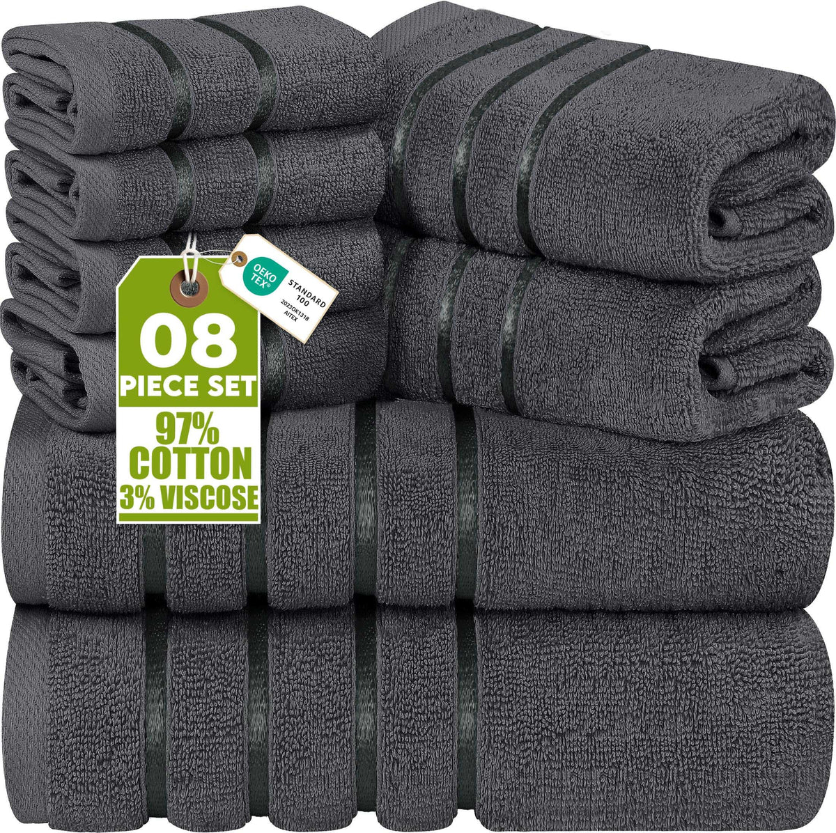 Utopia Towels 8 Piece Luxury Towel Set, 600 GSM, Viscose Stripe, Cool Grey