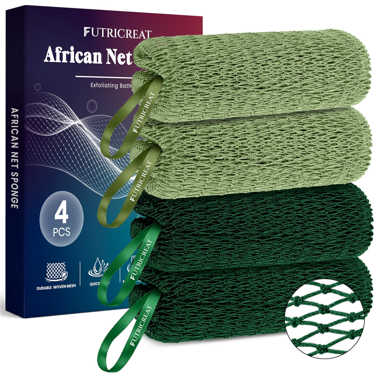 4 Pack African Net Sponge Authentic, Exfoliating Washcloth, Body & Back Scrubber, Better Than Traditional Loofahs, Perfect for Daily Shower & Travel, Pink, Blue, Purple & Green