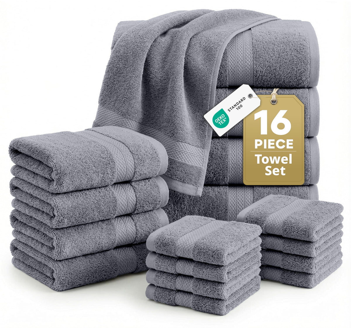 100% Cotton Bath Towels Set Soft Absorbent Quick Dry 16 Piece - Grey