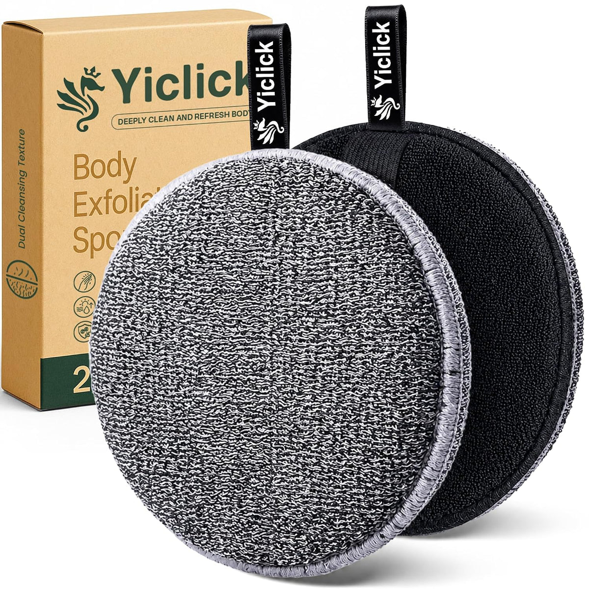 Yiclick Exfoliating Body Scrubber (2 Pack), Body Exfoliator Scrubber, Exfoliating Sponge for Shower Bath, Shower Loofah Luffa Lufa with Handle, Dead Skin Exfoliator for Body Scrub, Men Women