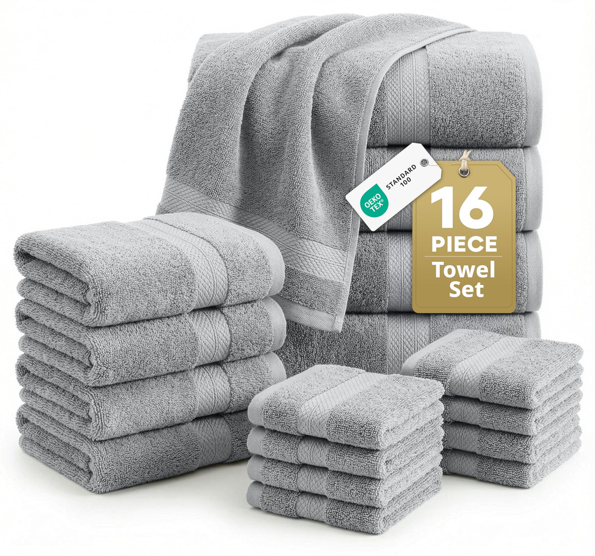 100% Cotton Bath Towels Set Soft Absorbent Quick Dry 16 Piece - Grey