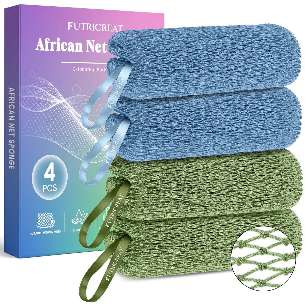 4 Pack African Net Sponge Authentic, Exfoliating Washcloth, Body & Back Scrubber, Better Than Traditional Loofahs, Perfect for Daily Shower & Travel, Pink, Blue, Purple & Green