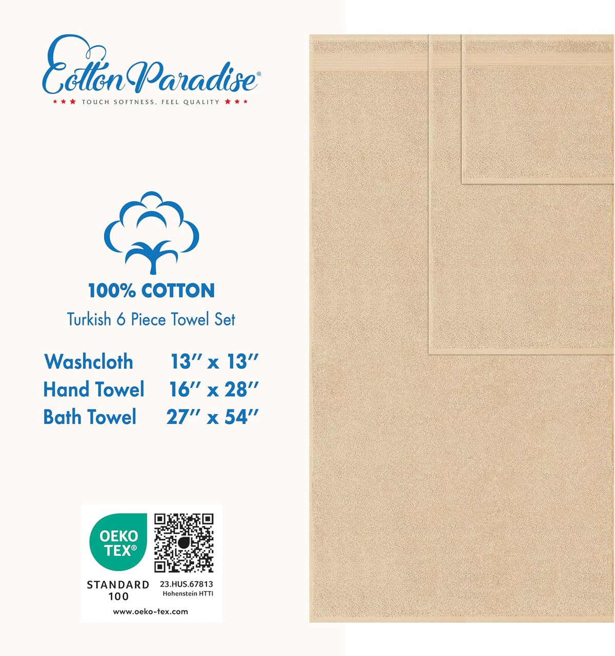 Cotton Paradise 100% Cotton Turkish Towel Set, Soft Absorbent Quick Dry, 6 Piece Towel Set, Beige