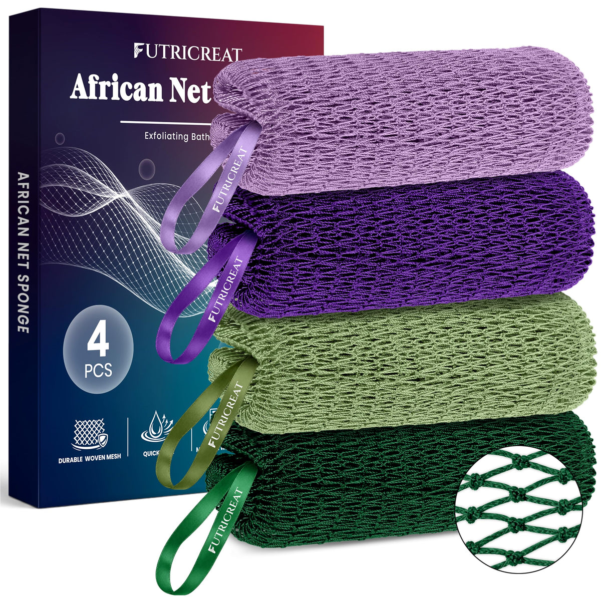 4 Pack African Net Sponge Authentic, Exfoliating Washcloth, Body & Back Scrubber, Better Than Traditional Loofahs, Perfect for Daily Shower & Travel, Pink, Blue, Purple & Green