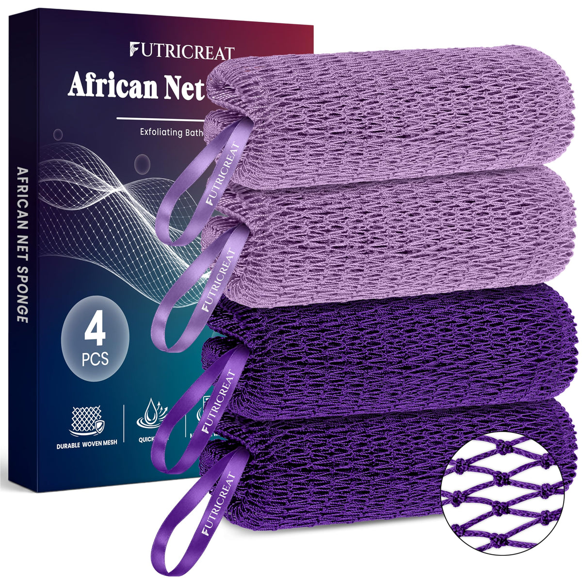 4 Pack African Net Sponge Authentic, Exfoliating Washcloth, Body & Back Scrubber, Better Than Traditional Loofahs, Perfect for Daily Shower & Travel, Pink, Blue, Purple & Green