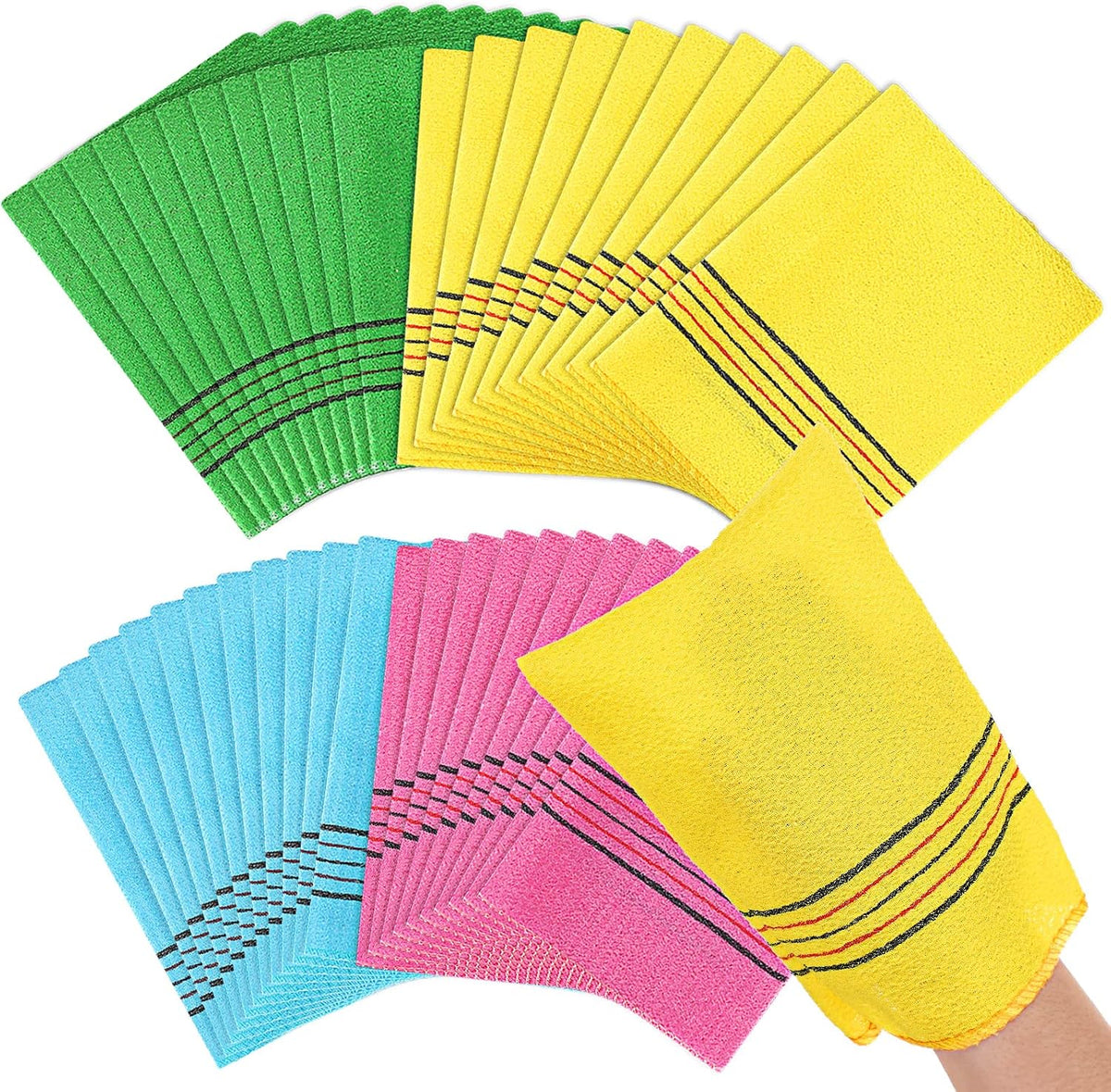 50 Pcs Korean Exfoliating Washcloth Large Size Mitt Scrub Exfoliating Body Scrubber Back and Body Bath Washcloth Reusable for Removing Dry, Green, Blue, Pink, Yellow